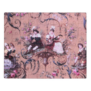 Vintage French Pink Toile Victorian Style Floral Jigsaw Puzzle