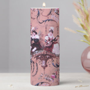 Vintage French Pink Toile Victorian Style Floral Pillar Candle