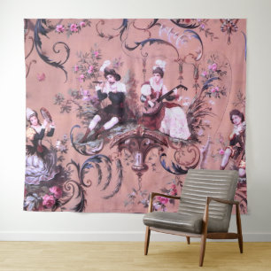 Vintage French Pink Toile Victorian Style Floral Tapestry
