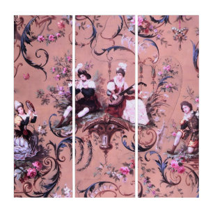 Vintage French Pink Toile Victorian Style Floral Triptych