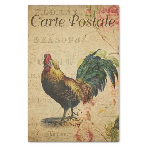Vintage French Post Card Rooster Floral Decoupage Tissue Paper