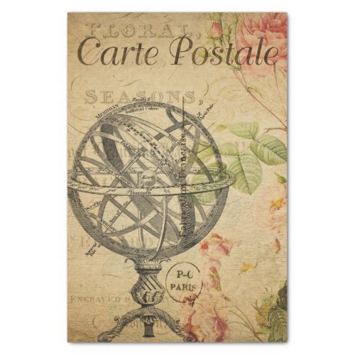Vintage French Postcard Armillary Sphere Decoupage Tissue Paper