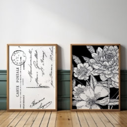 Vintage French Postcard Floral Bouquet Black Wall Art Sets