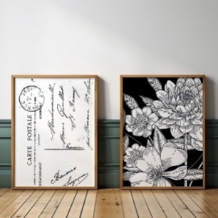 Vintage French Postcard Floral Bouquet Black Wall Art Sets