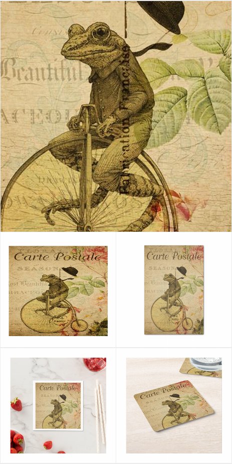 Vintage French Postcard Frog Riding Bicycle Floral