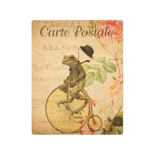 Vintage French Postcard Frog Riding Bicycle Floral Metal Print