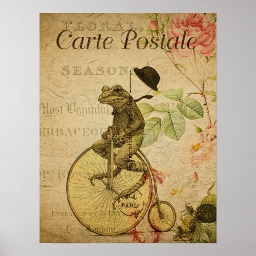 Vintage French Postcard Frog Riding Bicycle Floral Poster