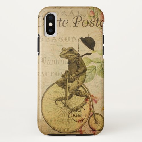 Vintage French Postcard Frog Riding Bicycle Rose iPhone X Case