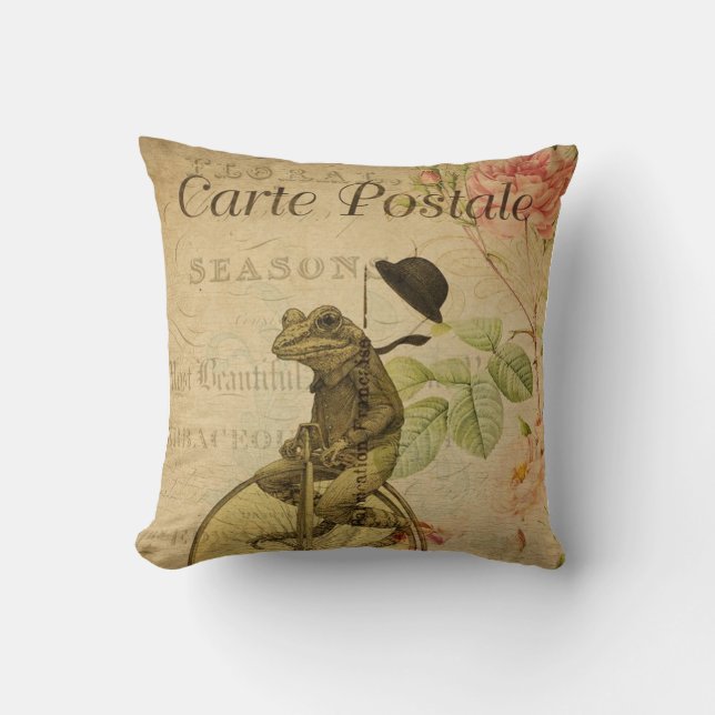 Vintage French Postcard Frog Riding Bicycle  Throw Pillow (Front)
