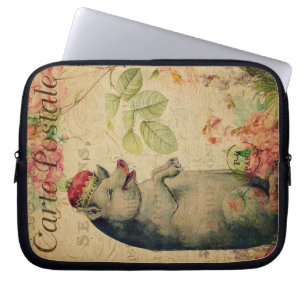 Vintage French Postcard Pig With Crown Floral  Laptop Sleeve