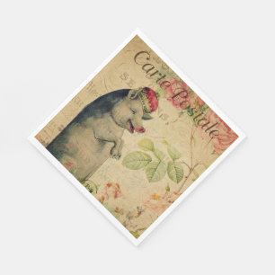 Vintage French Postcard Pig With Crown Floral Napkins