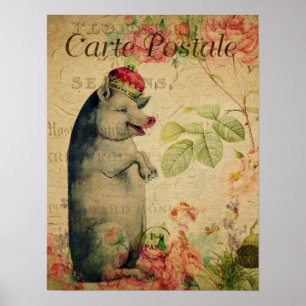 Vintage French Postcard Pig With Crown Poster