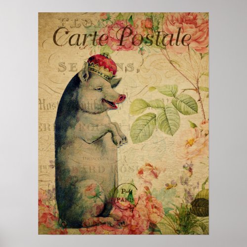 Vintage French Postcard Pig With Crown  Poster