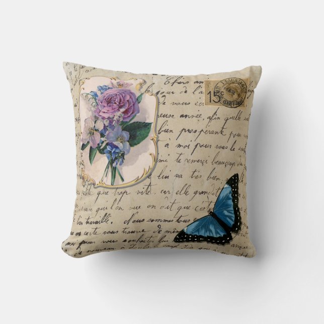 Vintage French Postcard Throw Pillow (Front)