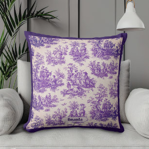 Vintage French Purple Floral Toile Monogram Throw Pillow