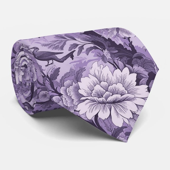 Vintage French Purple Toile Fleurie Neck Tie (Rolled)