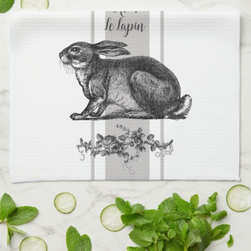 Vintage french rabbit with Grey French striped  Kitchen Towel