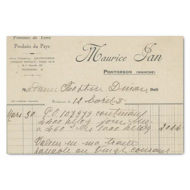 Vintage French Receipt Tissue Paper Zazzle