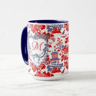 Vintage French Red Blue Chinoiserie Delft Monogram Mug