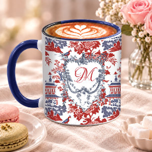Vintage French Red Blue Chinoiserie Delft Monogram Mug