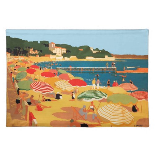 Vintage French Riviera Beach Travel Illustration Cloth Placemat