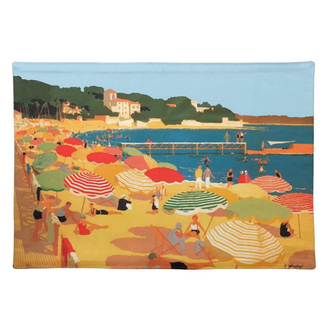 Vintage French Riviera Beach Travel Illustration Cloth Placemat (Front)