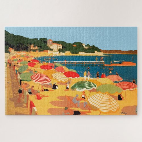 Vintage French Riviera Beach Travel Illustration Jigsaw Puzzle