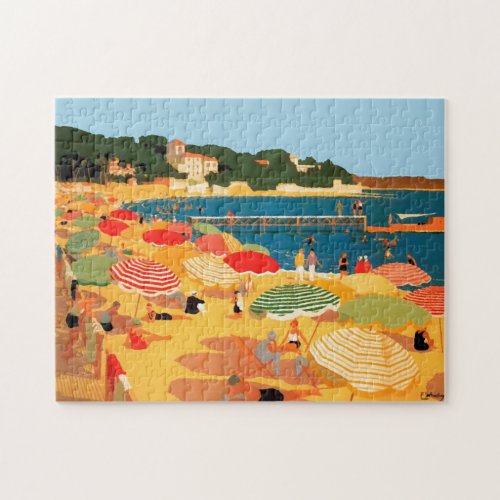 Vintage French Riviera Beach Travel Illustration Jigsaw Puzzle