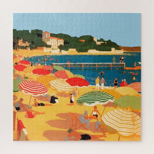 Vintage French Riviera Beach Travel Illustration Jigsaw Puzzle