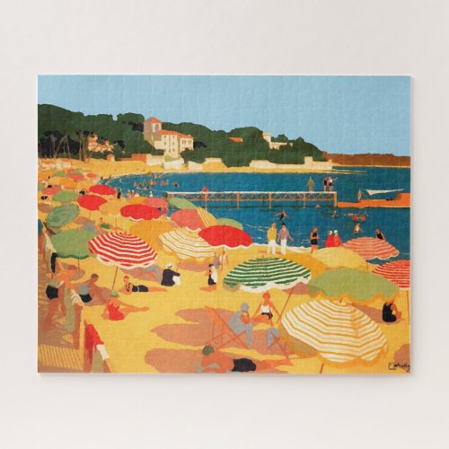 Vintage French Riviera Beach Travel Illustration Jigsaw Puzzle