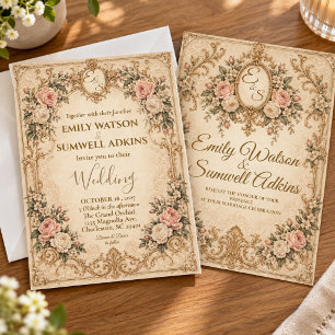 Vintage French Rococo Blush Rose Antique Wedding Invitation