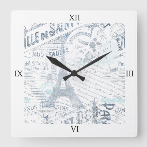 Vintage French Romance Collage Blue ID226 Square Wall Clock