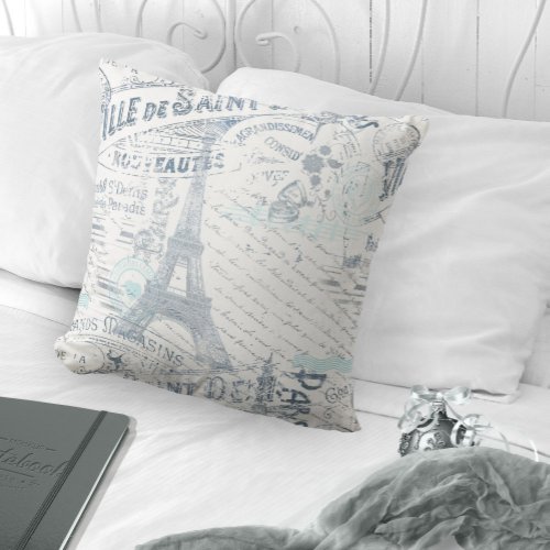 Vintage French Romance Collage Blue ID226 Throw Pillow