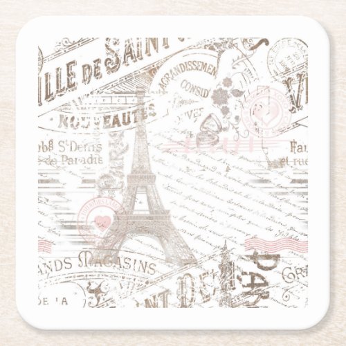 Vintage French Romance Collage Pink ID226 Square Paper Coaster