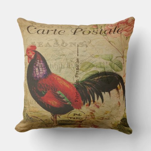 Vintage French Rooster Large PillowCarte Postale Throw Pillow