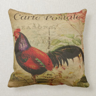 Vintage French Rooster Large Pillow/Carte Postale Throw Pillow