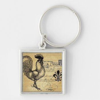 Vintage French Rooster On Burlap Keychain by EnKore at Zazzle