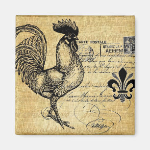 Vintage French Rooster On Burlap Magnet