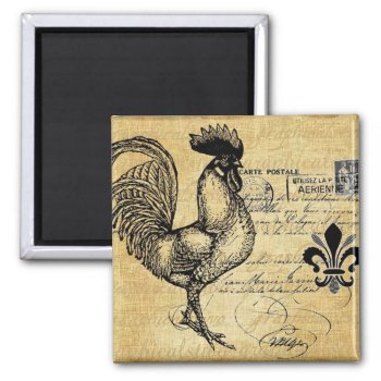 Vintage French Rooster On Burlap Magnet by EnKore at Zazzle