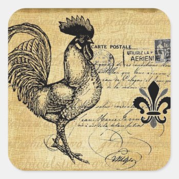 Vintage French Rooster On Burlap Square Sticker by EnKore at Zazzle