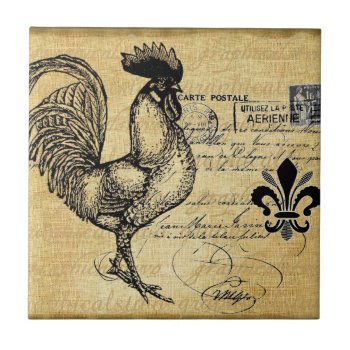Vintage French Rooster On Burlap Tile by EnKore at Zazzle