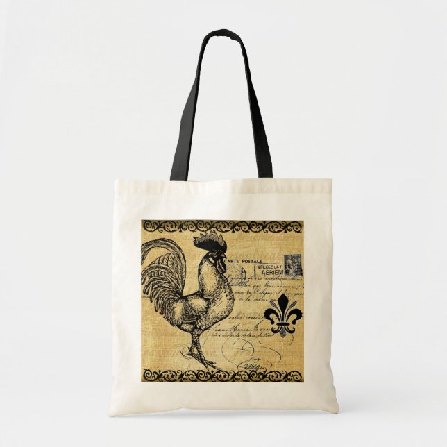 Vintage French Rooster On Burlap Tote Bag (Front)