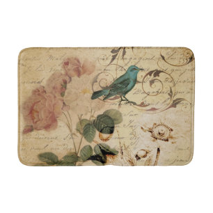 vintage french rose bird Paris French Botanical Bath Mat