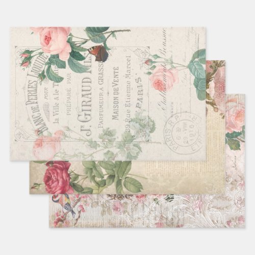 Vintage French Rose Ephemera Decoupage Wrapping Paper Sheets