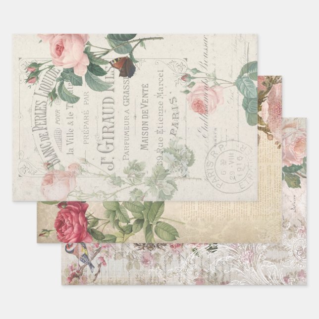 Vintage French Rose Ephemera Decoupage Wrapping Paper Sheets (Set)