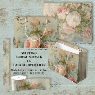 Vintage French Rose Floral Blue Pink Bridal Shower Large Gift Bag