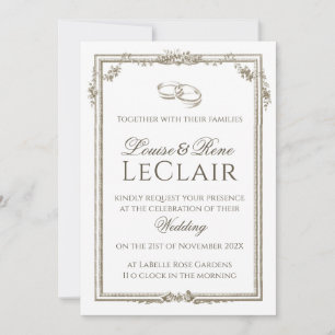 Vintage French Rose Frame Elegant Wedding Rings Invitation