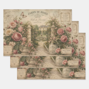 VINTAGE FRENCH ROSE GARDEN JARDIN DE ROSES WRAPPING PAPER SHEETS
