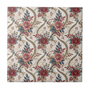 Vintage French Rose & Scrollwork Floral Pattern Ceramic Tile
