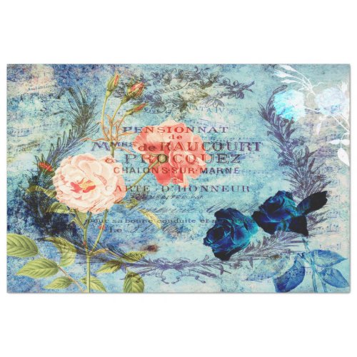 Vintage French Roses Blue Decoupage Tissue Paper